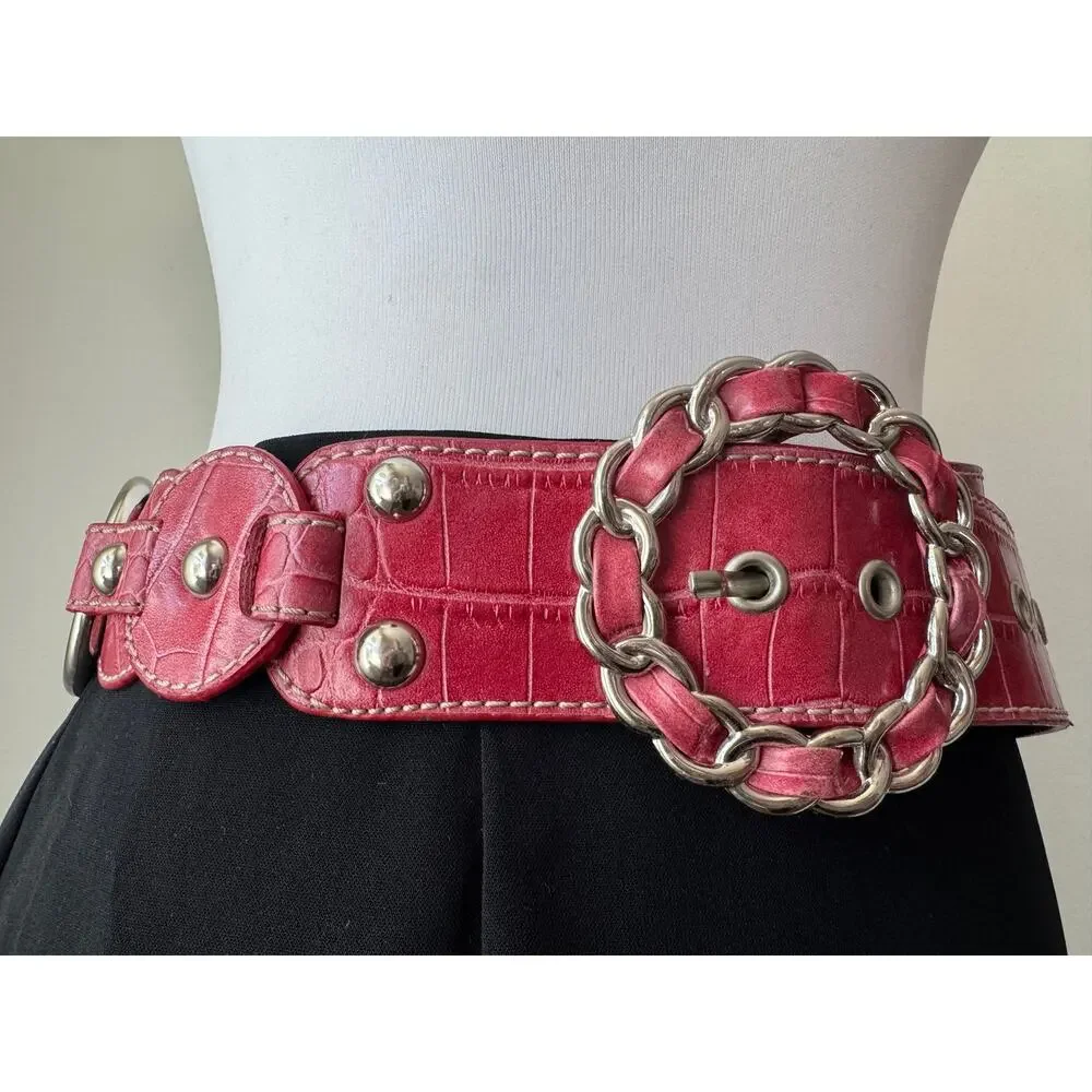 Vintage ‘00s Kathy Van Zeeland Red Faux Crocodile McBling Silver Buckle Belt